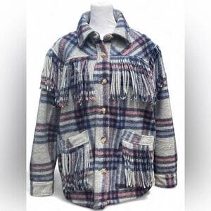 BLANK NYC Women’s BOHO Western Fleece Small Fringe Plaid Shacket/Coat Size M